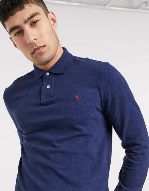 Polo Ralph Lauren custom slim fit long sleeve polo in navy marl with player  logo | ASOS