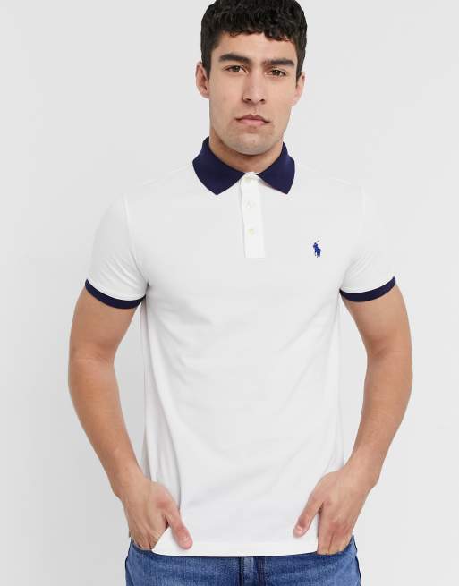 Polo Ralph Lauren custom slim fit player logo contrast collar pique polo in  white