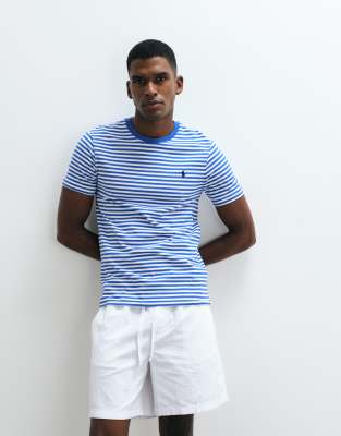 Polo - Custom-Slim-Fit-T-Shirt in Blau mit Streifen und Pony-Logo Blau M