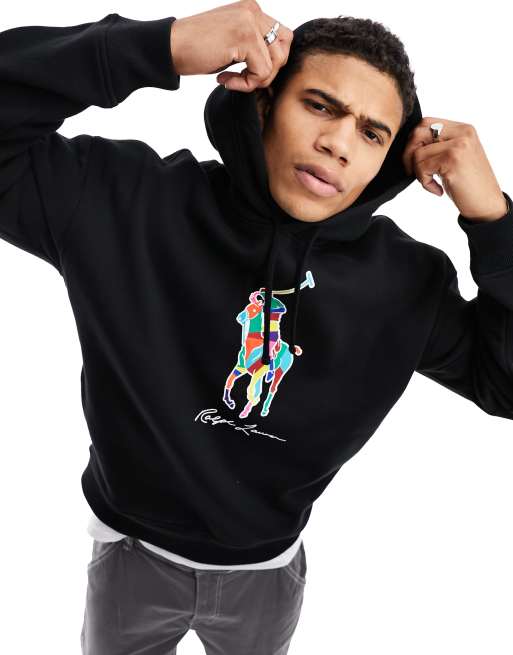 Polo Ralph Lauren – Czarna bluza oversize z kapturem i dużym kolorowym nadrukiem gracza
