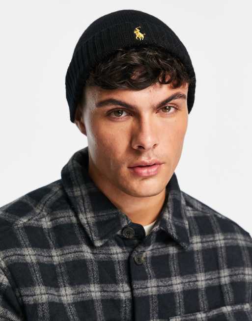 Polo Ralph Lauren – Czarna czapka beanie z wełny merino ze złotym logo