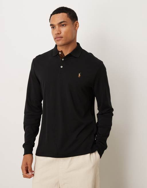 Polo Ralph Lauren – Czarna koszulka polo z długimi rękawami i logo z bawełny pima