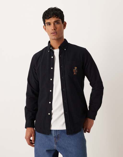 Polo Ralph Lauren – Czarna szczotkowana koszula oxford z logo z misiem