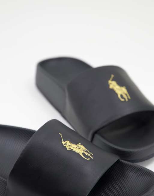 Polo Ralph Lauren – Czarne klapki ze złotym logo, 4 z 4