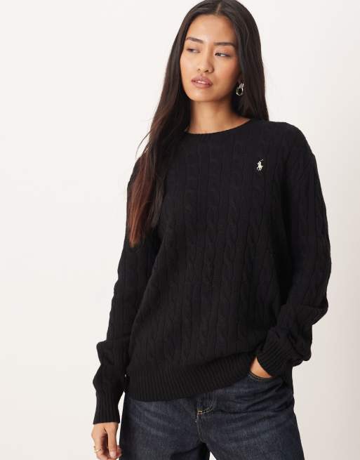 Polo Ralph Lauren – Czarny sweter oversize z dzianiny o warkoczowym splocie z domieszką wełny