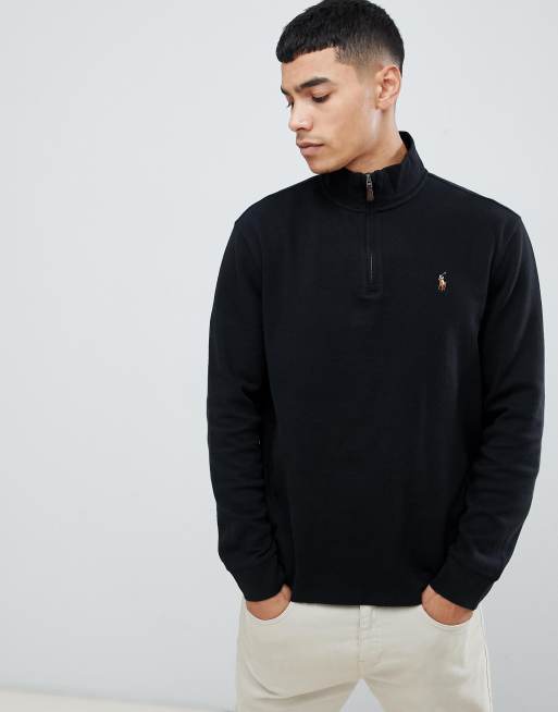 Polo Ralph Lauren — Czarny sweter z bawełnianej dzianiny z zamkiem do połowy i logo gracza, wyłącznie w ASOS