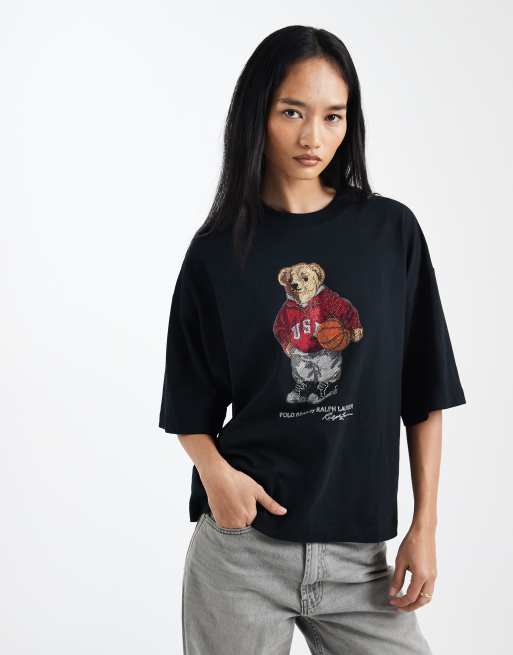 Polo Ralph Lauren – Czarny T-shirt z nadrukiem o pudełkowym kroju z logo na piersi