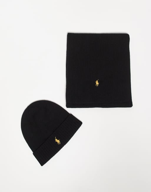 Polo Ralph Lauren – Czarny zestaw z logo Icon: czapka beanie i szalik