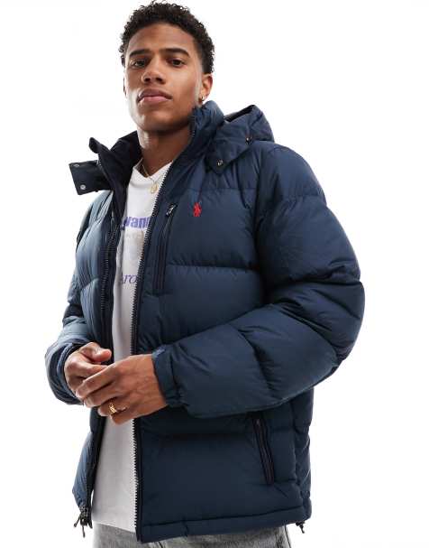 Polo Ralph Lauren – Daunen-Pufferjacke in Marineblau mit Markenlogo und Kapuze - view 1