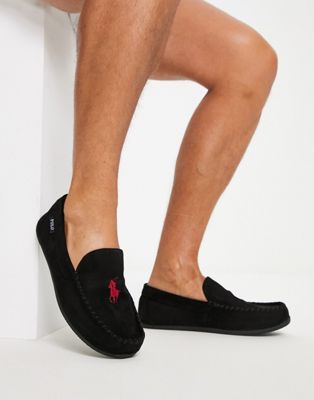 Polo Ralph Lauren declan moccasin slippers in black and red - ASOS Price Checker