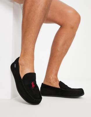 POLO RALPH LAUREN DECLAN MOCCASIN SLIPPERS IN BLACK AND RED