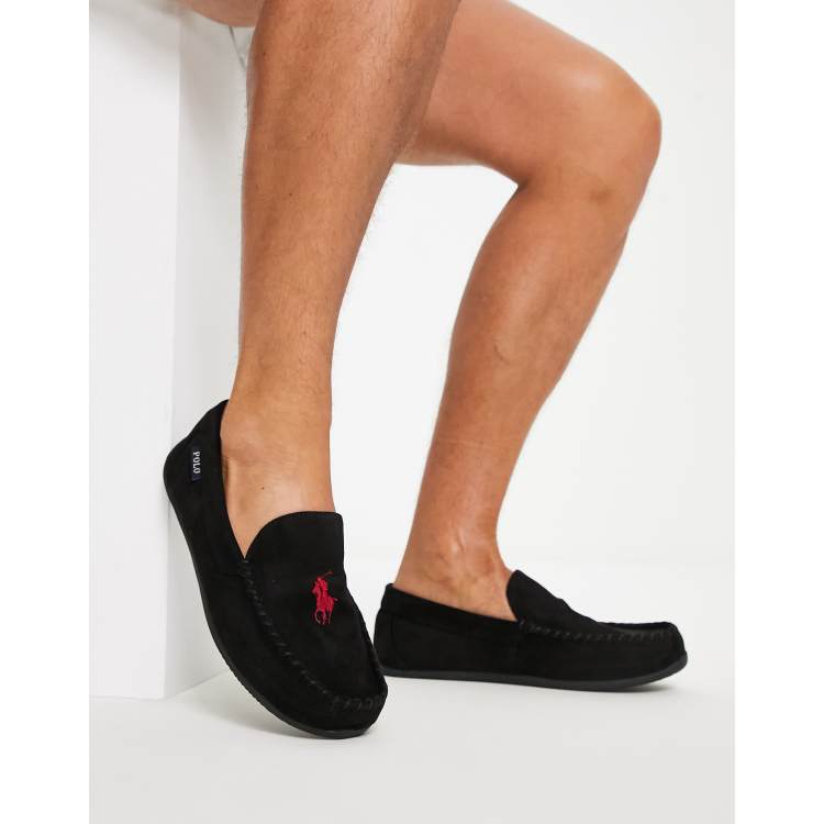 Polo Lauren declan moccasin slippers in black and red | ASOS