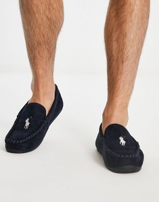 Polo Ralph Lauren declan moccassin slippers in navy and cream - ASOS Price Checker