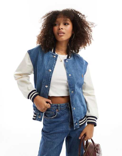 Polo Ralph Lauren denim bomber jacket with flag back print in blue/cream, 2 of 4
