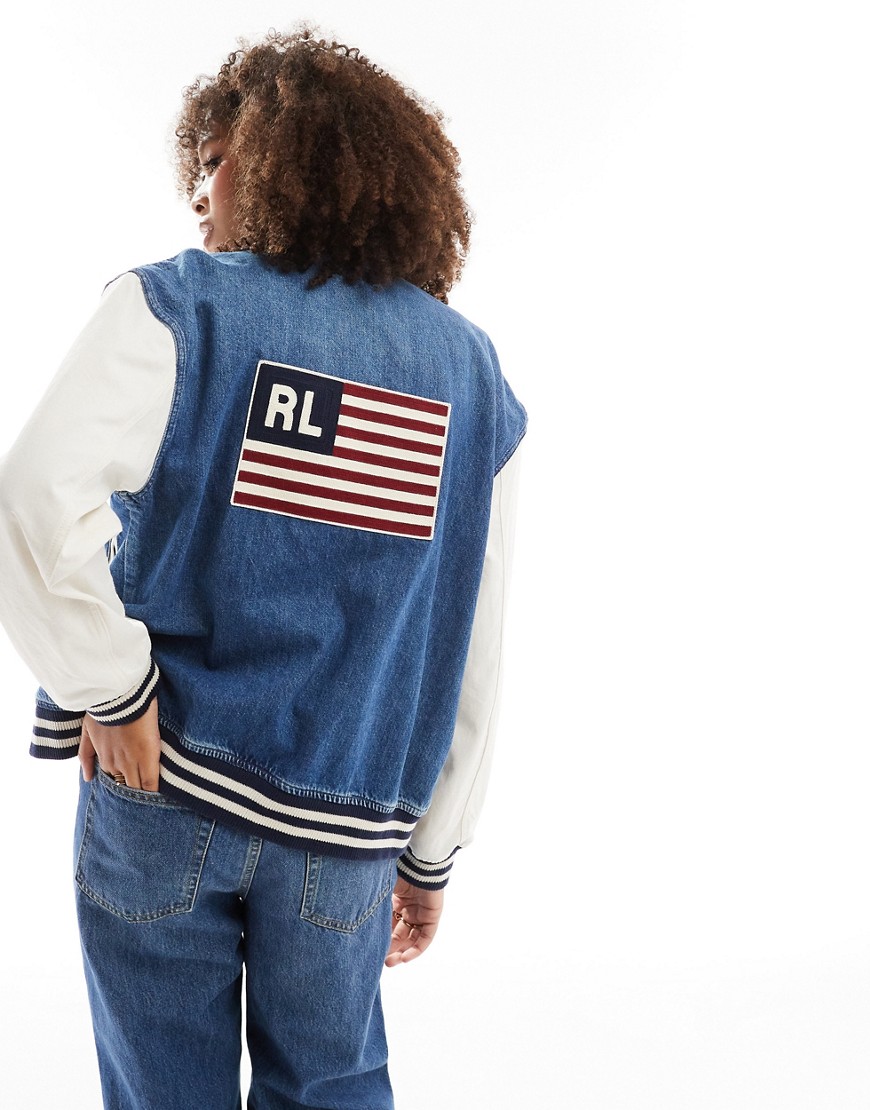 Polo Ralph Lauren denim bomber jacket with flag backprint in blue/cream