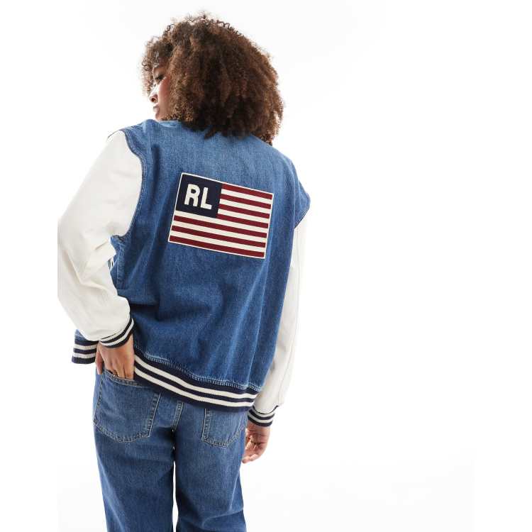 Polo Ralph Lauren denim bomber jacket with flag backprint in blue cream ASOS