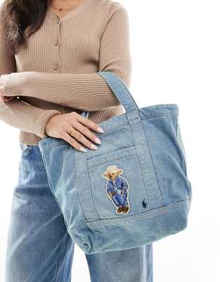 Polo Ralph Lauren - Denim-Tragetasche in gewaschenem Blau mit Bear-Motiv