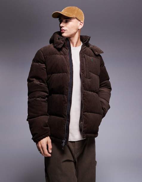 Polo Ralph Lauren detachable hood cord down puffer jacket in brown - view 1