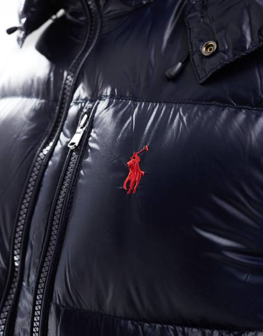 Polo Ralph Lauren  detatchable hood high shine down puffer jacket in navy, 3 of 4