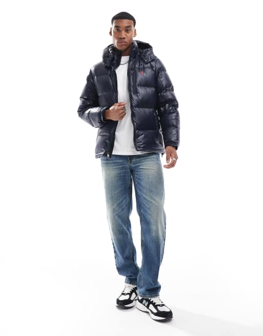 Polo Ralph Lauren  detatchable hood high shine down puffer jacket in navy, 4 of 4