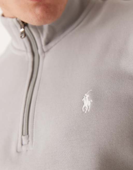 Polo Ralph Lauren – Doppelstrick-Pullover in Grau mit Markenlogo und kurzem Reißverschluss, 5 von 5