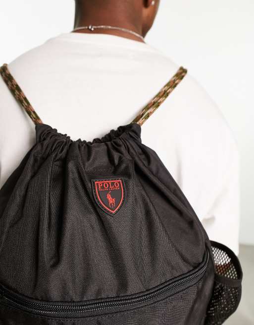 Polo Ralph Lauren drawstring backpack in black with side pockets | ASOS