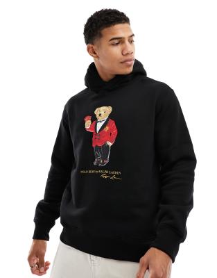 Polo Ralph Lauren dressy bear print heavyweight hoodie in black