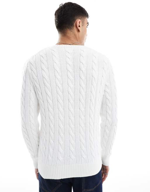 Polo Ralph Lauren – Driver – Baumwoll-Strickpullover in Weiß mit Markenlogo und Zopfmuster, 3 von 4