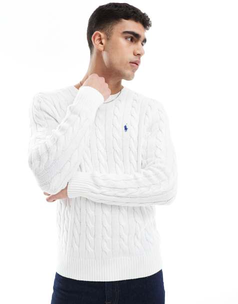Polo Ralph Lauren – Driver – Biały sweter z bawełny o warkoczowym splocie z logo - view 1