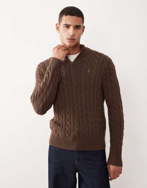 Polo Ralph Lauren Driver icon logo cotton cable half zip knit jumper in brown marl - view 1