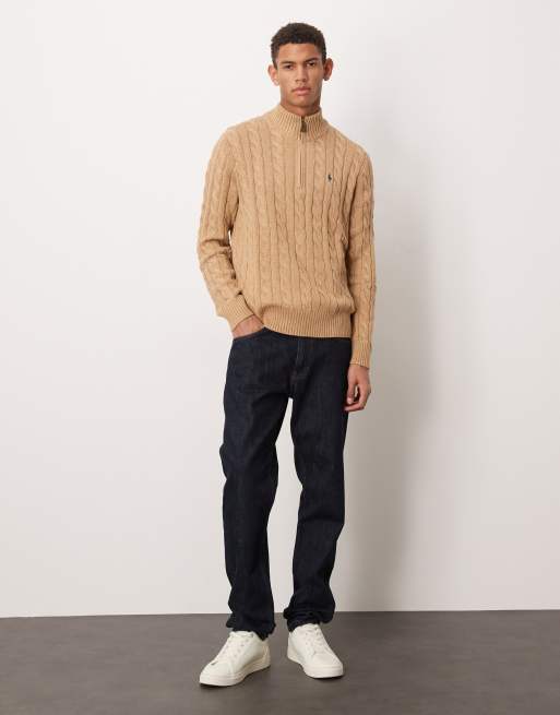 Polo Ralph Lauren Driver icon logo cotton cable half zip knit jumper in camel marl, 2 of 5