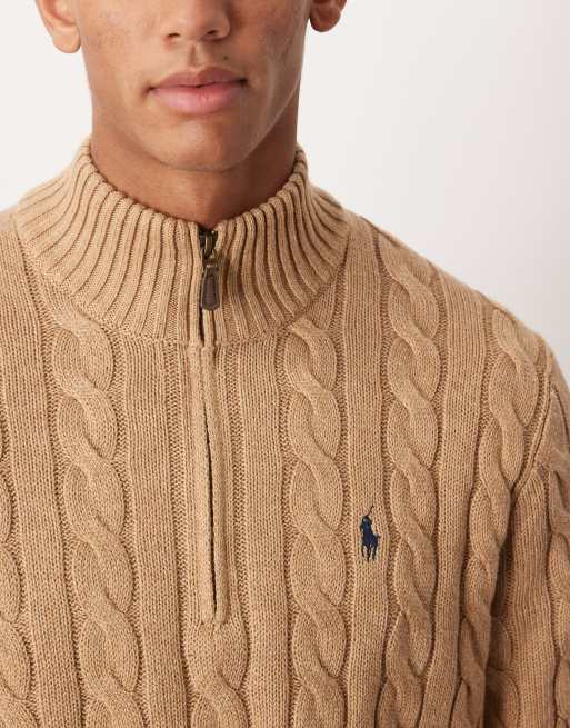 Polo Ralph Lauren Driver icon logo cotton cable half zip knit jumper in camel marl, 5 of 5