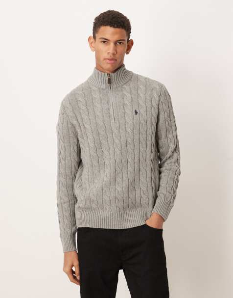 Polo Ralph Lauren Driver icon logo cotton cable half zip knit jumper in grey marl  - view 1