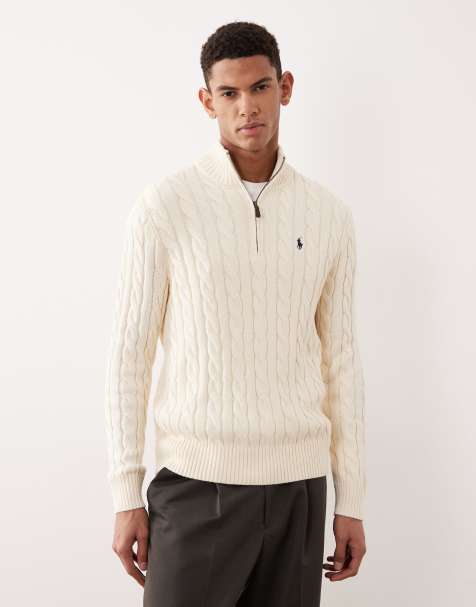 Polo Ralph Lauren Driver icon logo cotton cable knit half zip jumper in cream - view 1