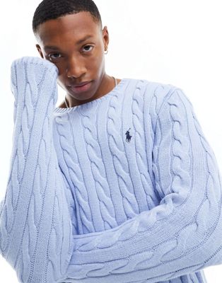 Polo Ralph Lauren Driver icon logo cotton cable knit jumper in light blue - ASOS Price Checker