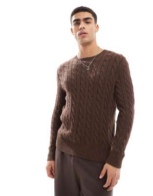 Driver icon logo roving cotton cable knit sweater in brown heather