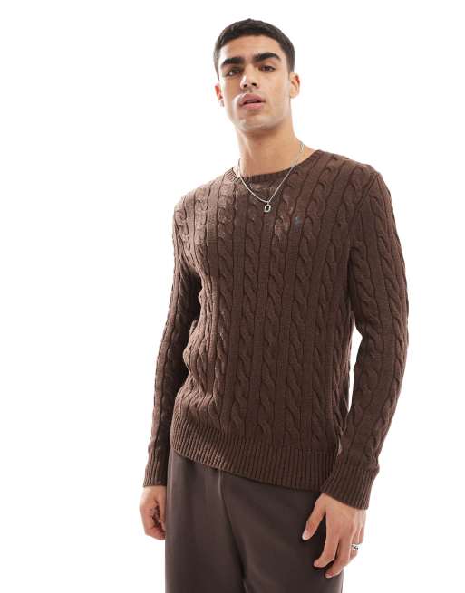 Polo Ralph Lauren Driver icon logo roving cotton cable knit sweater in brown heather