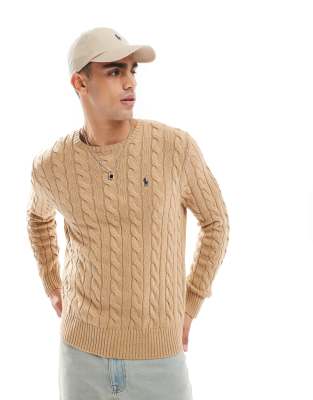 Driver icon logo roving cotton cable knit sweater in camel heather-Neutral