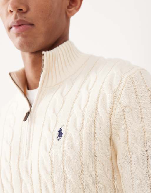 Polo Ralph Lauren - Driver - Pull en maille de coton torsadée à col zippé et logo emblématique - Crème, 5 de 5