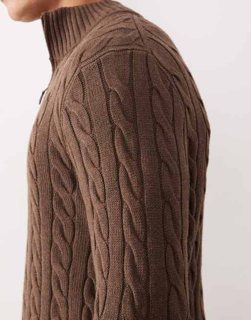 Pull Ralph Lauren Col Demi-zip Torsadé Marron - Taille L, 100% Coton, Neuf Avec étiquettes
