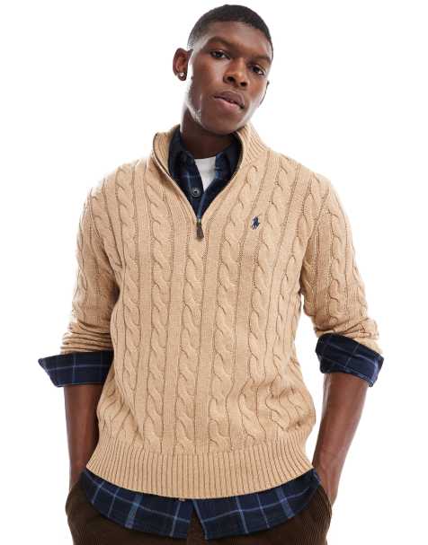 Polo Ralph Lauren – Driver – Pullover aus Vlies-Baumwolle in Camel meliert mit Zopfmuster, kurzem Reißverschluss und Markenlogo - view 1