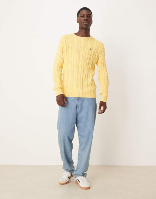 Polo Ralph Lauren – Driver – Strickpullover aus Baumwolle in Gelb mit Markenlogo und Zopfmuster, 2 von 5