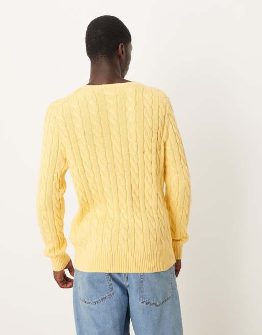 Polo Ralph Lauren – Driver – Strickpullover aus Baumwolle in Gelb mit Markenlogo und Zopfmuster, 3 von 5