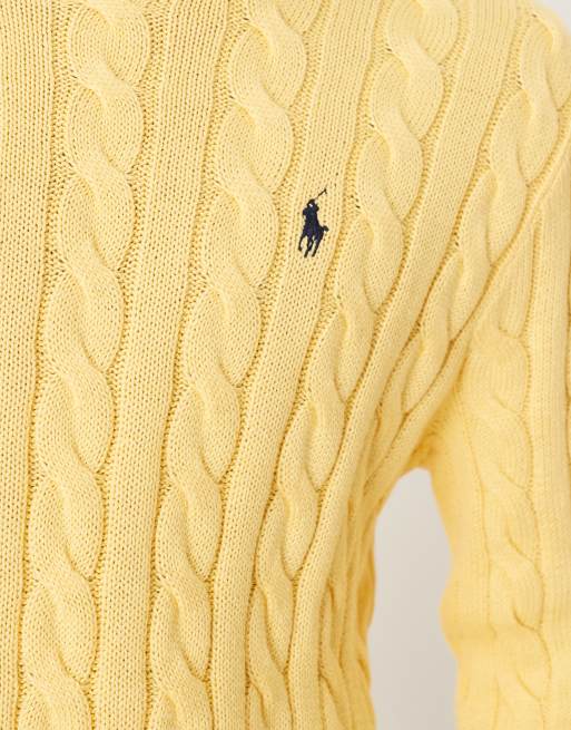 Polo Ralph Lauren – Driver – Strickpullover aus Baumwolle in Gelb mit Markenlogo und Zopfmuster, 4 von 5