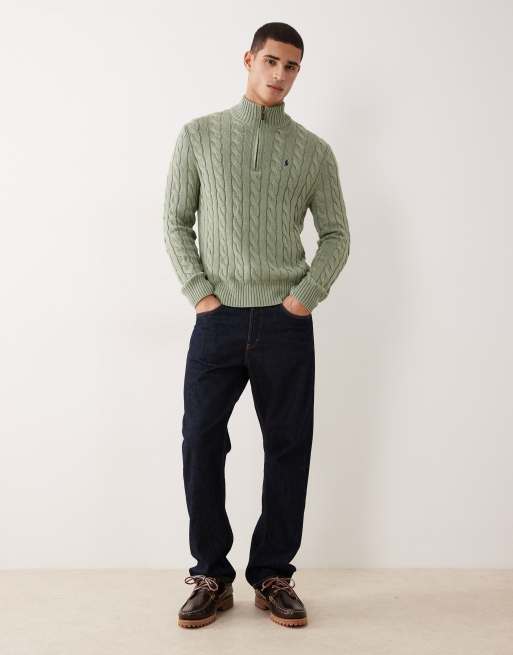 Polo Ralph Lauren – Driver – Strickpullover aus Baumwolle in Hellgrün meliert mit Zopfmuster, kurzem Reißverschluss und Markenlogo, 2 von 5