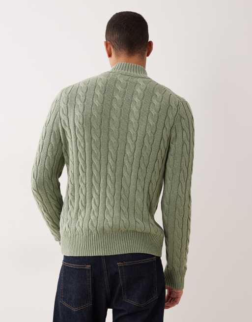 Polo Ralph Lauren – Driver – Strickpullover aus Baumwolle in Hellgrün meliert mit Zopfmuster, kurzem Reißverschluss und Markenlogo, 3 von 5