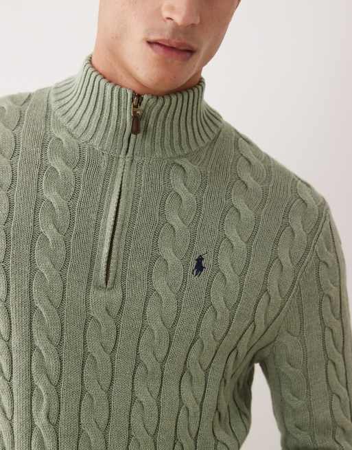 Polo Ralph Lauren – Driver – Strickpullover aus Baumwolle in Hellgrün meliert mit Zopfmuster, kurzem Reißverschluss und Markenlogo, 4 von 5