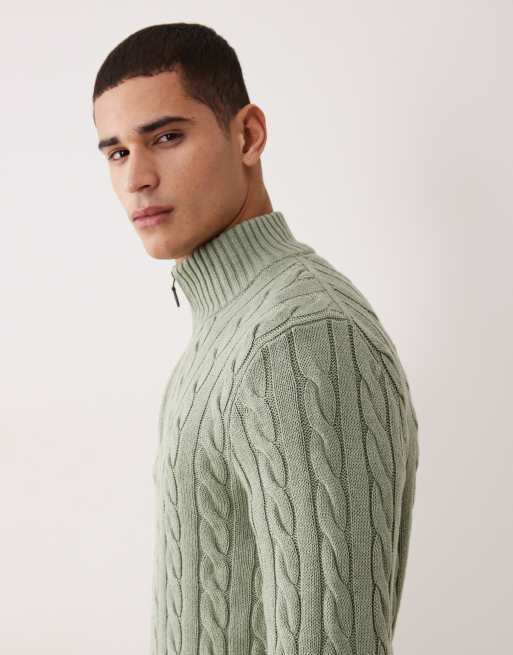 Polo Ralph Lauren – Driver – Strickpullover aus Baumwolle in Hellgrün meliert mit Zopfmuster, kurzem Reißverschluss und Markenlogo, 5 von 5