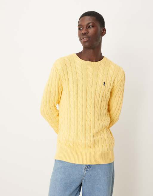 Polo Ralph Lauren – Driver – Żółty sweter z bawełnianej dzianiny o warkoczowym splocie, z logo
