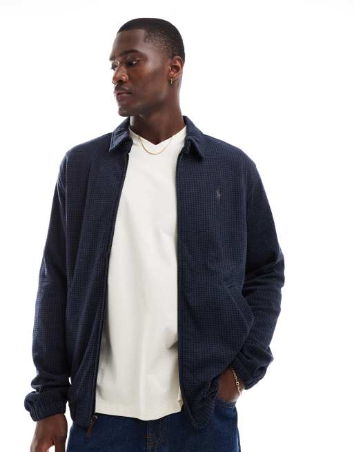 Polo Ralph Lauren - Dubbel gebreid harrington jack van sweatstof met visgraatprint en icoonlogo in gemêleerd marineblauw